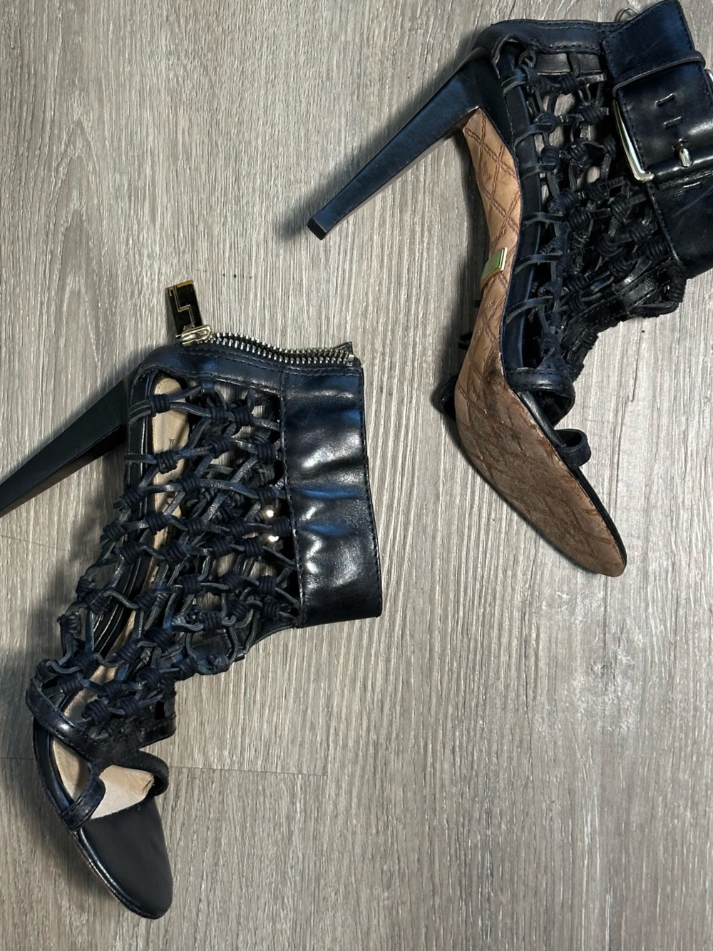 L.A.M.B. Gwen Stefani Black Leather Woven Cage Heels Booties 6.5